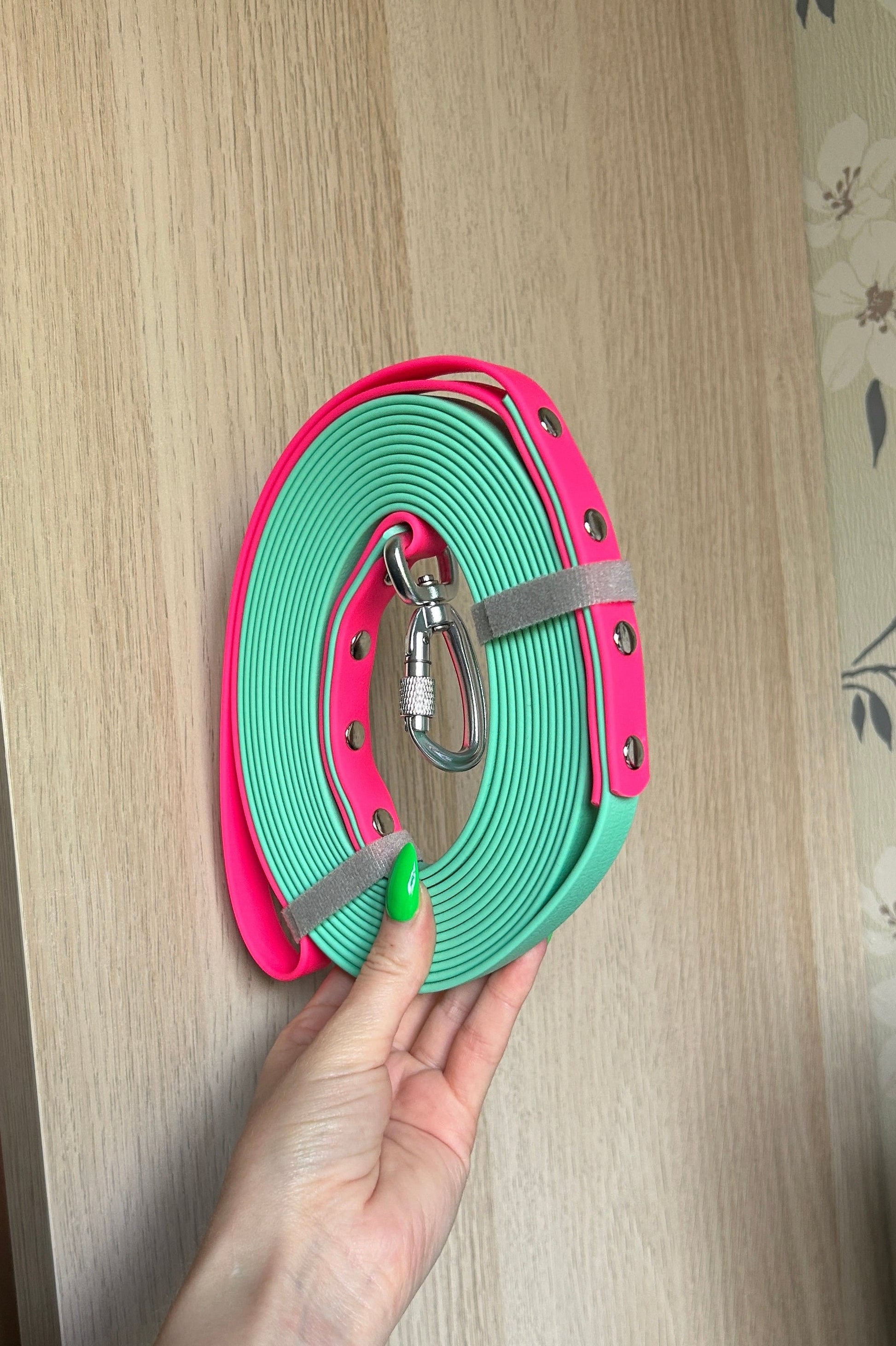 Skinny Long Line Dog Lead in Seafoam Green and Hot Pink