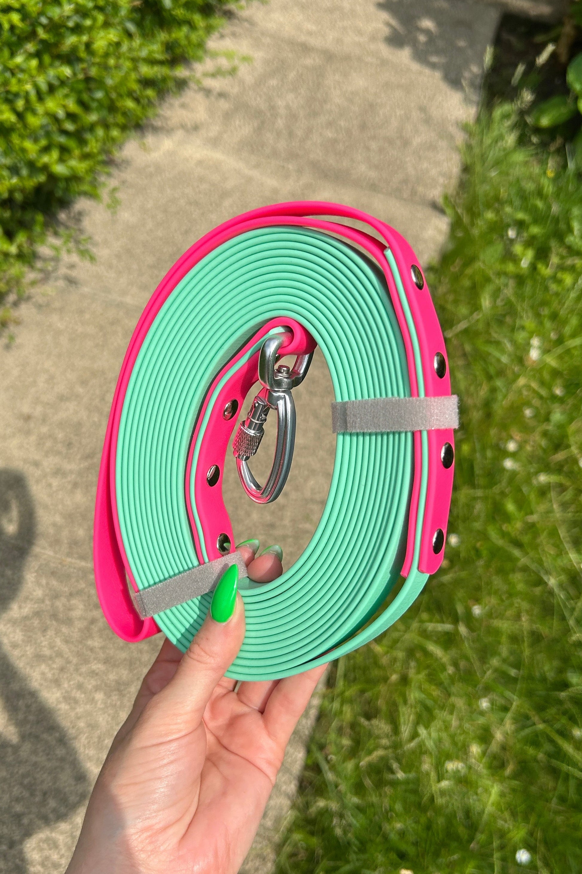 Skinny Long Line Dog Lead in Seafoam Green and Hot Pink