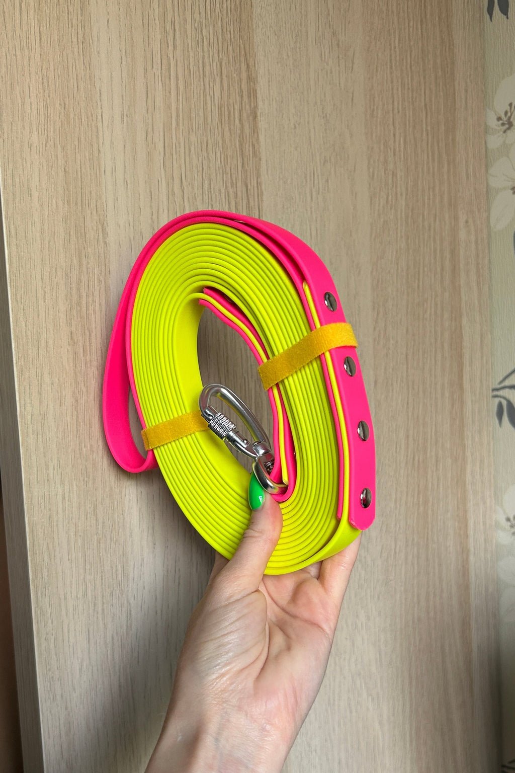 Long Line Dog Lead in Neon Yellow and Hot Pink