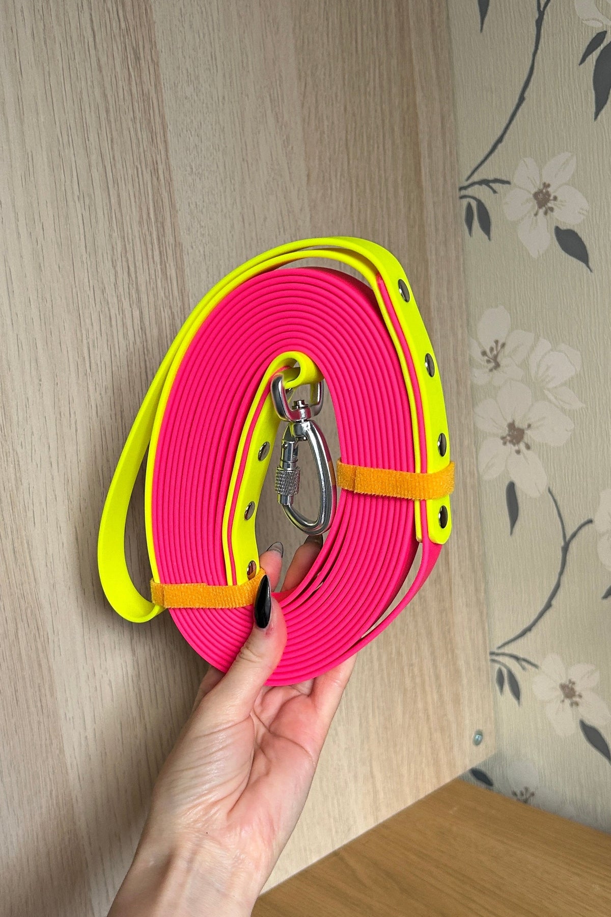 Long Line Dog Lead in Hot Pink and Neon Yellow
