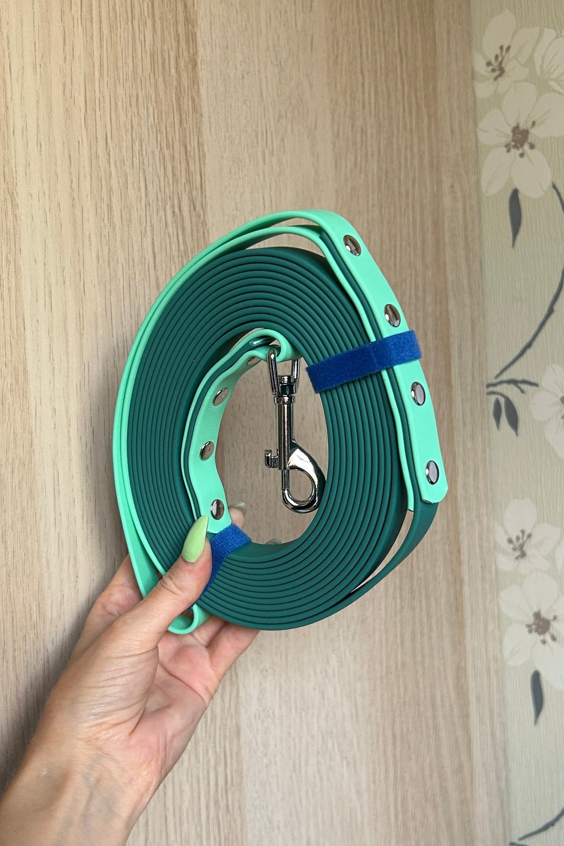 Skinny Long Line Dog Lead in Hunter Green and Seafoam